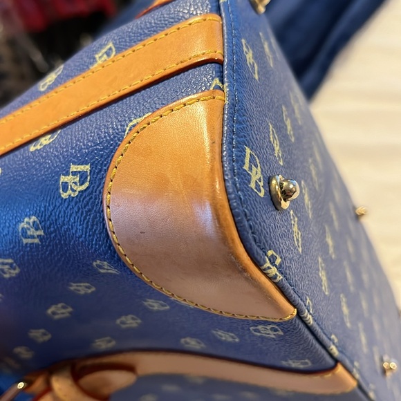 Dooney & Bourke Blue Tan Monogram Satchel Purse Double Handle - Picture 10 of 14